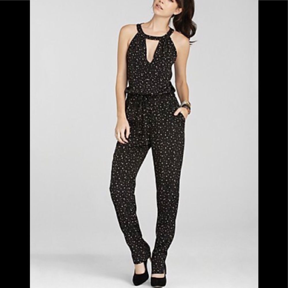 BCBGeneration black stars print halter jumpsuit. S